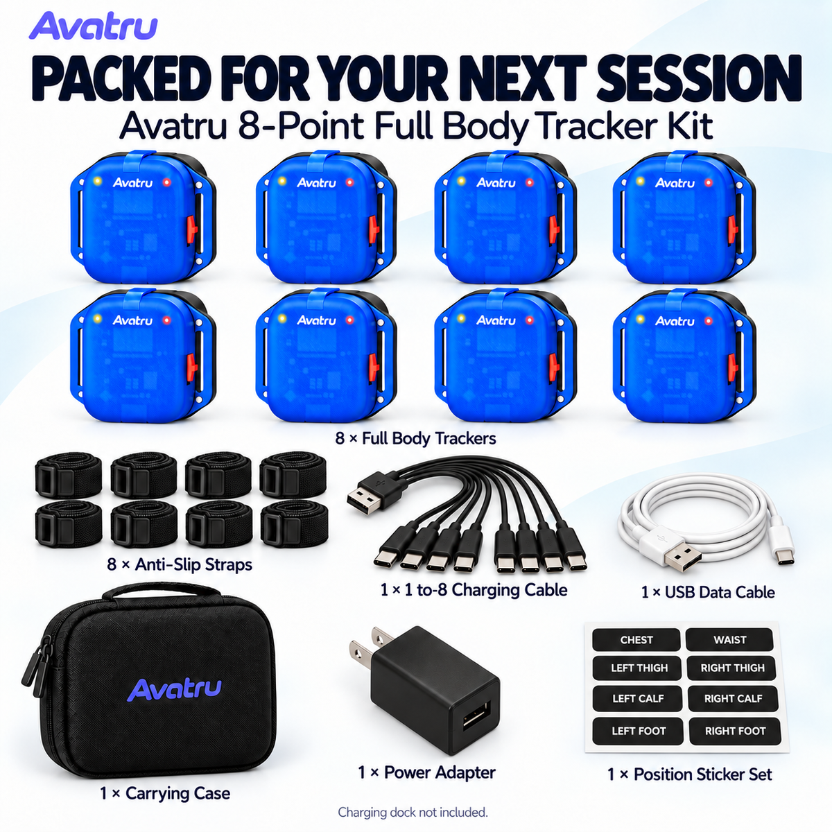 AVATRU Full Body Trackers – VR FBT Kit Compatible with SlimeVR & VRChat (PCVR), 8-Point Wi-Fi Tracking, LSM6DSV Sensors & Anti-Slip Straps
