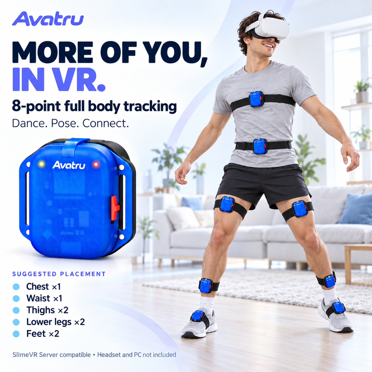 AVATRU Full Body Trackers – VR FBT Kit Compatible with SlimeVR & VRChat (PCVR), 8-Point Wi-Fi Tracking, LSM6DSV Sensors & Anti-Slip Straps