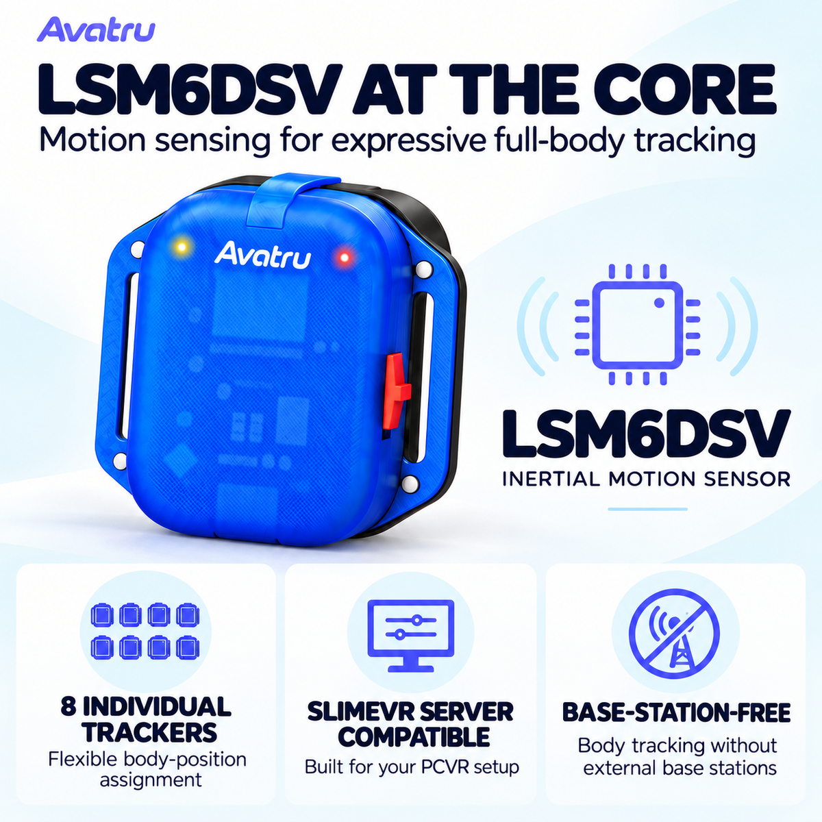 AVATRU Full Body Trackers – VR FBT Kit Compatible with SlimeVR & VRChat (PCVR), 8-Point Wi-Fi Tracking, LSM6DSV Sensors & Anti-Slip Straps